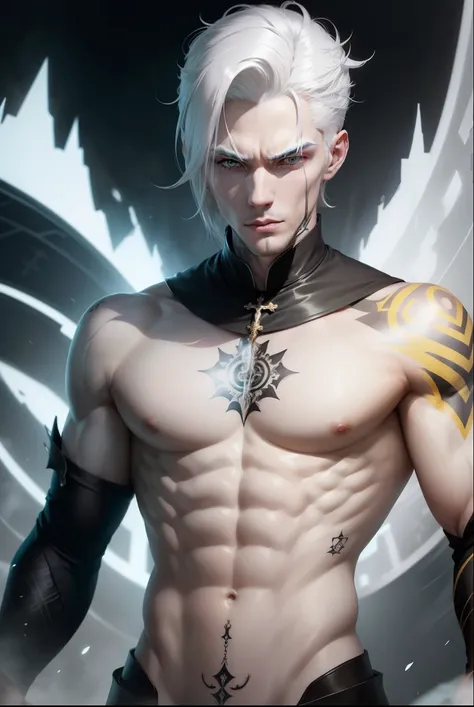 
    Create a storm clergyman with pale body ,  white hair and yellow ray tattoos all over his body, your face is younger and more attractive 