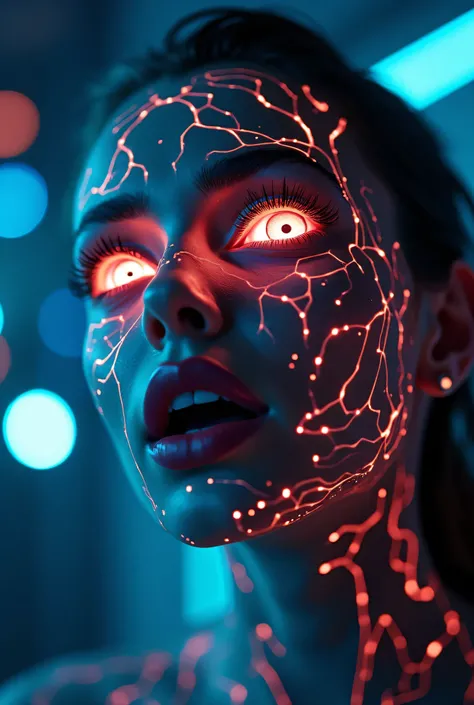 Sybernetic superhero suit. A captivating woman, her face adorned with intricate (((body tattoos))), featuring hyperrealistically detailed (((pupils))), that seem to radiate energy, set against a backdrop of a (modern, futuristic karaoke club in space) wher...