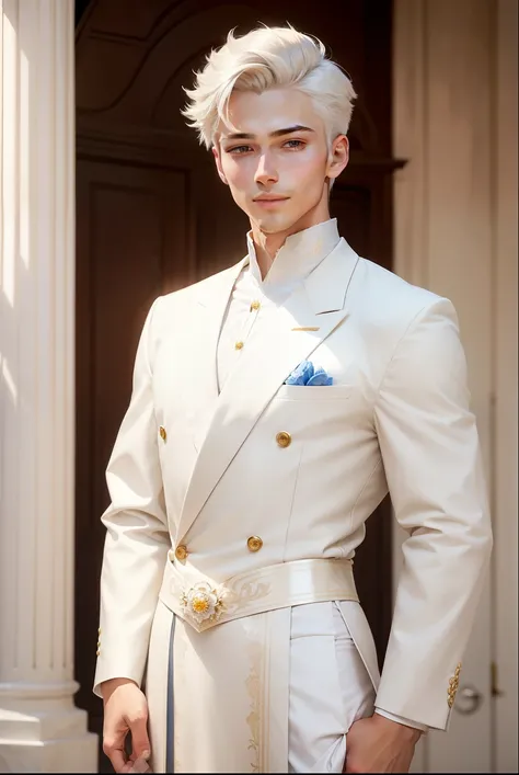 
     A young man with fair skin and thin build ,  short platinum sporty hair .  He wears a gentle smile on a thoughtful face. dressed in an elegant, elegant white clothes,  similar to royal attire .  He is gracefully posing ,  as caught in a moment of con...