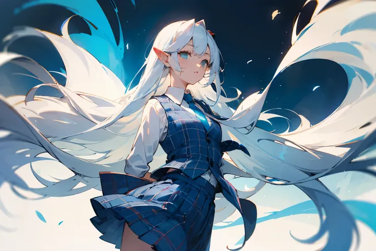 girl with long white hair, wearing a long white shirt, dark blue tie, blue plaid vest, blue skirt. Long-eared.