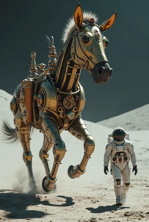 a steampunk-style mechanical zebra runs across the surface of the moon at an astronaut in a spacesuit