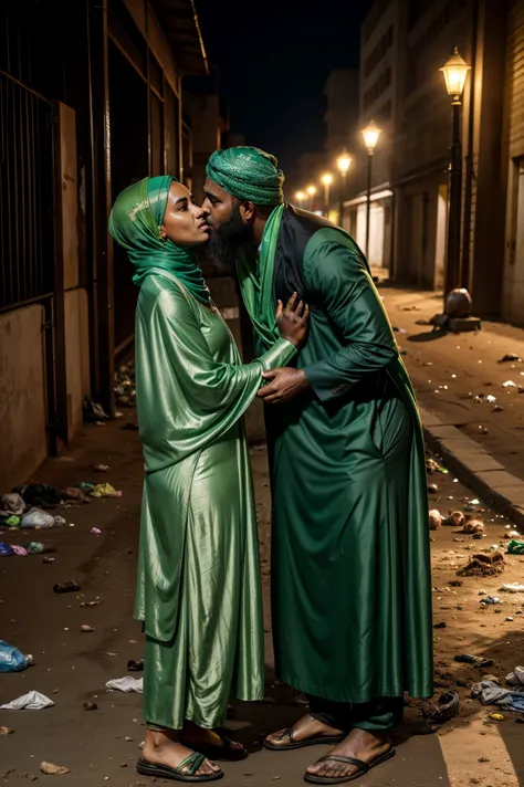 There is garbage and dirt on the ground.   There are pigs around.   A 40 -year -old Maulvi kisses a 20 -year -old poor Muslim woman (wearing a green hijab and light la gown).