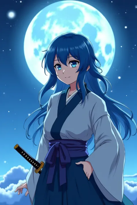 I need an anime character who is a girl with blue eyes like the sea and her hair is colored like the moon and she has her clothing, be it a tunic that refers to the moon and has a katana and has under her tunic the clothes that hunters like the one in Demo...