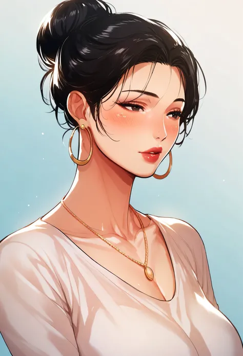 Hot sexy beautiful milf mom, hoops earrings, black hair, hair bun, blush, black eyes, necklace, one hair bun, hair brochure, lipstick, casual loose t shirt