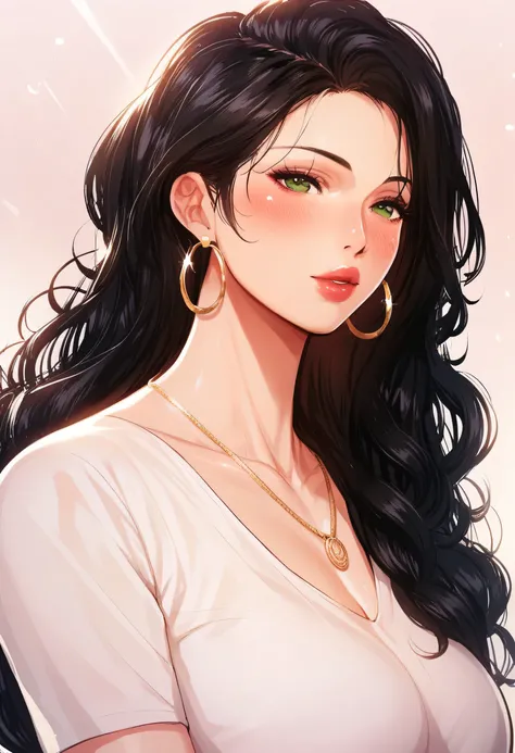 Hot sexy beautiful milf mom, hoops earrings, black hair, curly hair, blush, green eyes, necklace, hair brochure, lipstick, casual loose t shirt