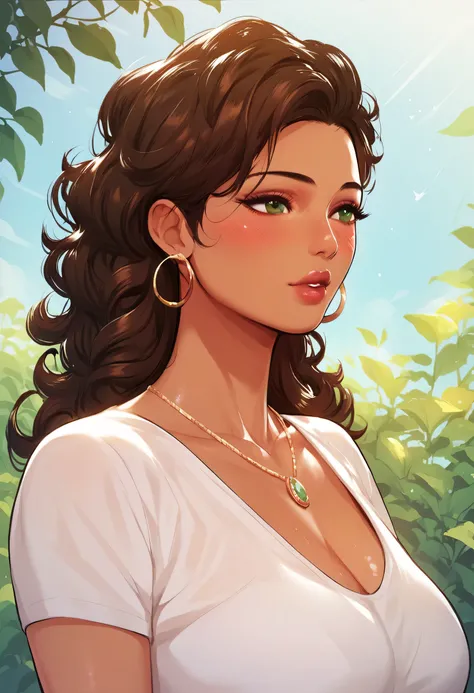 Hot sexy beautiful milf mom, hoops earrings, brown hair, curly hair, blush, green eyes, necklace, Latina, brown skin, hair brochure, lipstick, casual loose t shirt