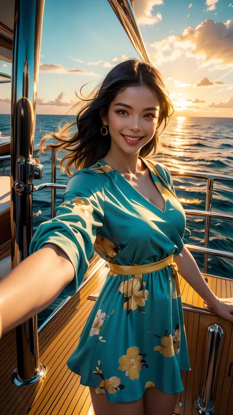 Vibrant oil painting. Medium shot. A young dark black hair woman in a bright floral dress stands on the deck of a luxurious yacht, taking a selfie, exuberant smile, set against a breathtakingly beautiful sunset on the horizon, with crystal blue waters and ...