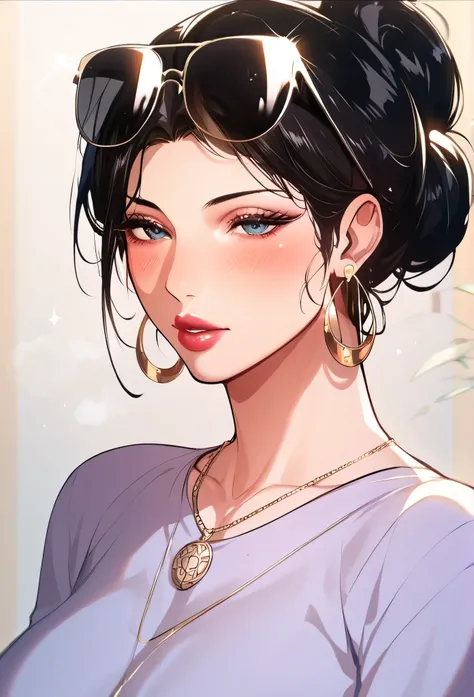 Hot sexy beautiful milf mom , hoops earrings, black hair, long slick back hair, blush, blue eyes, necklace ,one hair bun, lipstick, a light purple turtleneck, dark, fuchsia-colored shorts, black sunglasses on head
