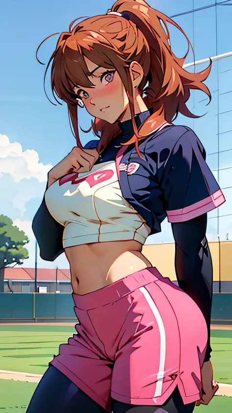 1980s (style), Japanese anime style, 1woman, solo, 18 years old, large breasts, pointy breasts, embarrassed, blush, aroused, heart shaped pupils, clothed, fellatio gesture, Baseball uniform, Shorts, leggings, anime, anatomically correct, textured skin