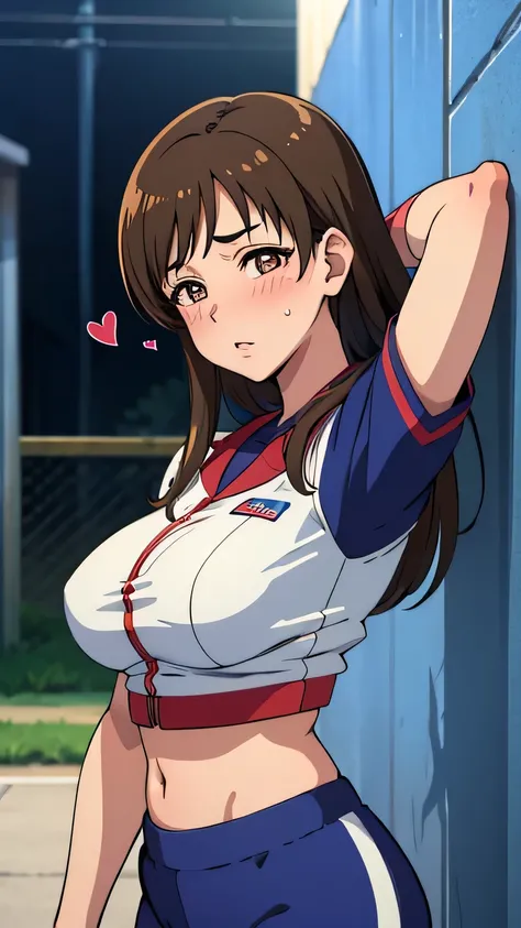 1990s (style), Japanese anime style, 1woman, solo, 18 years old, large breasts, pointy breasts, embarrassed, blush, aroused, heart shaped pupils, clothed, fellatio gesture, Baseball uniform, Shorts, leggings, anime, anatomically correct, textured skin