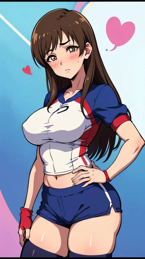 1980s (style), Japanese anime style, 1woman, solo, 18 years old, large breasts, pointy breasts, embarrassed, blush, aroused, heart shaped pupils, clothed, fellatio gesture, Baseball uniform, Shorts, leggings, anime, anatomically correct, textured skin