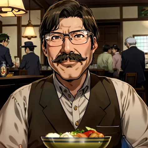 A man with a mustache and glasses is sitting at a table, akihiko yoshida 8 k, miyazaki hayao, Satoshi, All heroes, Hayao Miyazaki, riichi ueshiba, hidetaka miyazaki, robert kondo, Hayao Miyazaki's animation style, shotaro ishinomori