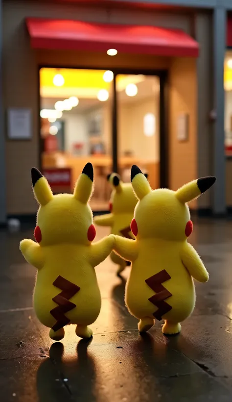  The Pikachus march towards the McDonald's entrance . They are moving ,  their little feet touch the ground synchronously .  their gaze stays on the door ,  while the light from inside the restaurant seems inviting.

