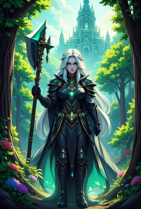 a fantasy art illustration of a  female giant knight armed with a mighty axe standing near a temple built in a fantasy forest, (((she is taller than the trees: 1.3))) a wild beautiful, exotic beautiful giant knight, ((anatomically correct: 1.5), (ultra det...