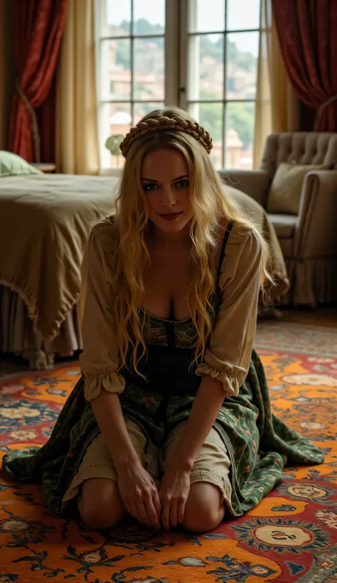 Heather Graham, sexy medieval servant, cleavage, kneeling on all fours in front of bed on a tiger carpet, cleaning a stain on the carpet, blonde big hair braid, ultrarealistic, background is medieval city, luxurious bedroom inside medieval castle, best qua...