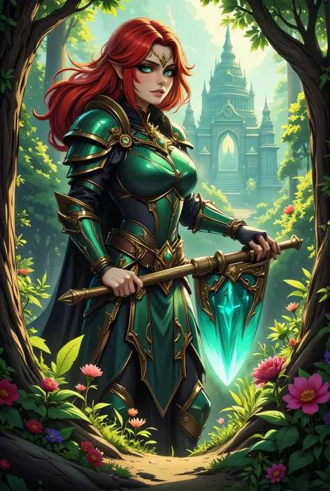 a fantasy art illustration of a  female giant knight armed with a mighty axe standing near a temple built in a fantasy forest, (((she is taller than the trees: 1.3))) a wild beautiful, exotic beautiful giant knight, ((anatomically correct: 1.5), (ultra det...