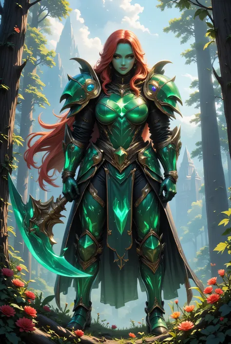 a fantasy art illustration of a  female giant knight armed with a mighty axe standing in a fantasy forest, (((she is taller than the trees: 1.3))) a wild beautiful, exotic beautiful giant knight, ((anatomically correct: 1.5), (ultra detailed face: 1.2), be...