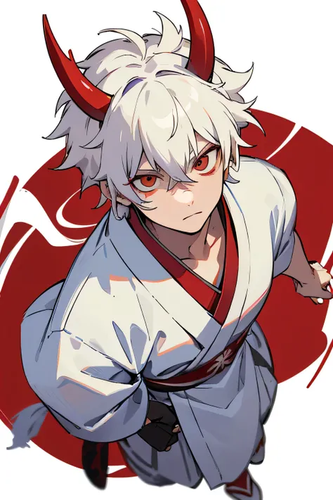 Animated boy short white hair,  messy hair, View from above,  white eyes,  traditional Japanese white clothing, a lot of red accessories, background with Japanese demon masks , lots of demon masks ,  dynamic pose, view from high above,  looking at the came...