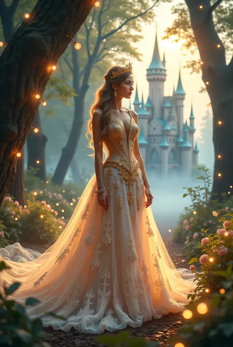 "A mesmerizing fairy-tale princess standing in an enchanted forest, wearing an opulent, shimmering gown adorned with intricate gold embroidery, delicate lace, and cascading layers of iridescent silk that glow softly in the moonlight. The dress sparkles wit...