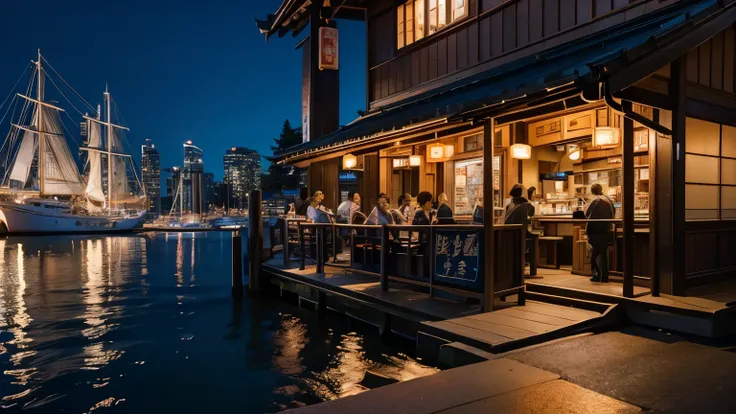 Close-up of Vancouver at night, busy Japanese restaurant beside harbour