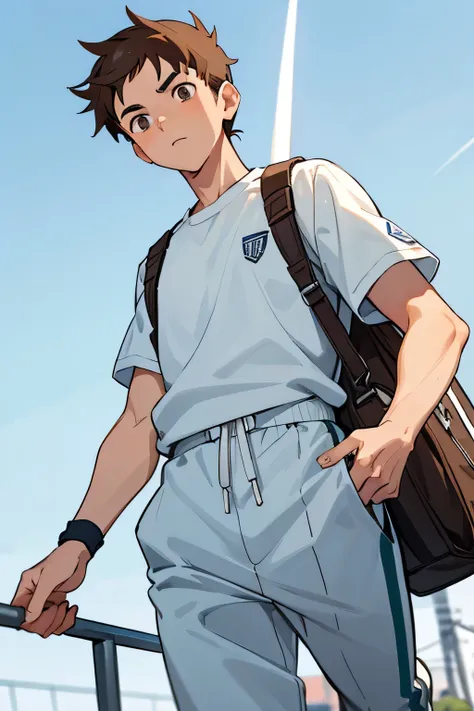 anime boy,  25 year old boy, college boy with light brown hair, hair up,  eyes brown, Tall and sporty boy,  white  SPORTSWEAR, sports bag,  seen from below,  walking,  dynamic angle 