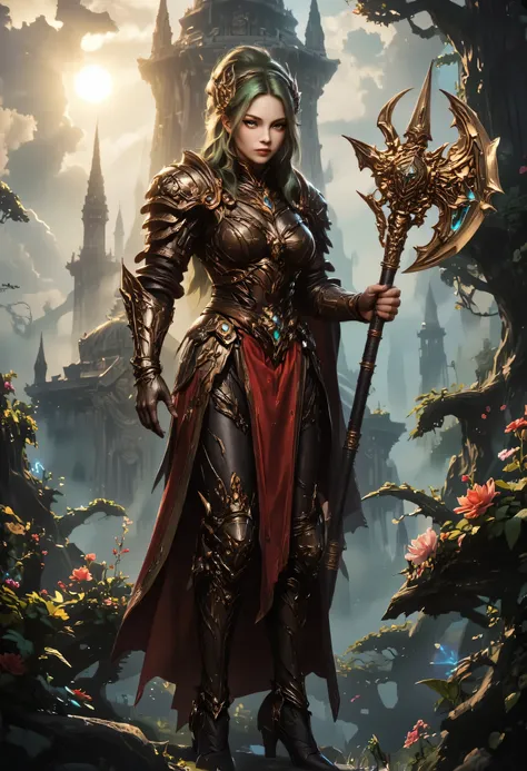 a fantasy art illustration of a  female giant knight armed with a mighty axe standing in a fantasy forest, (((she is taller than the trees: 1.3))) a wild beautiful, exotic beautiful giant knight, ((anatomically correct: 1.5), (ultra detailed face: 1.2), be...