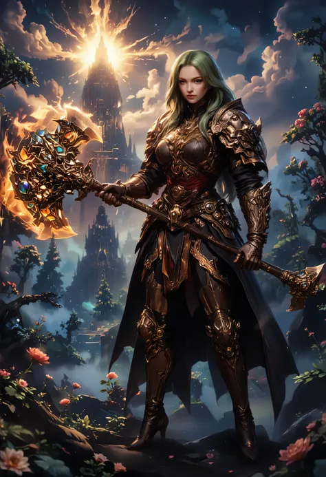 a fantasy art illustration of a  female giant knight armed with a mighty axe standing in a fantasy forest, (((she is taller than the trees: 1.3))) a wild beautiful, exotic beautiful giant knight, ((anatomically correct: 1.5), (ultra detailed face: 1.2), be...