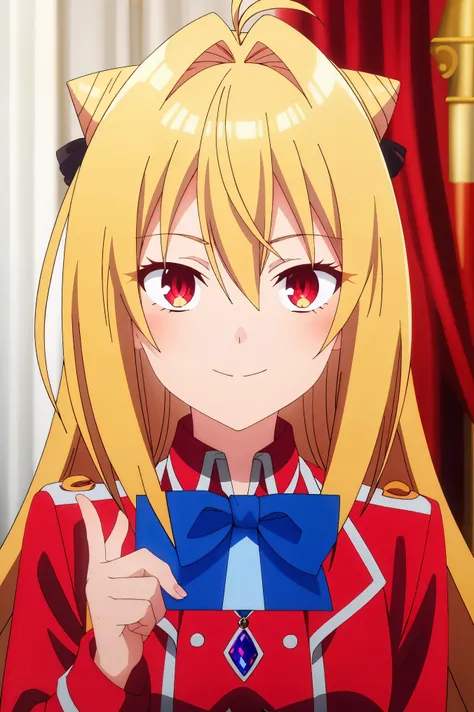 (( best quality )),(( very detailed)), Masterpiece ,absurdities, detailed face, pretty face,( detailed eyes ,  deep eyes ), 1girl,(( dynamic pose)) ,  terakomari ,  blond hair,  long hair,  Red eyes ,  one eye closed , One,  smile,  Looking at the viewer ,...