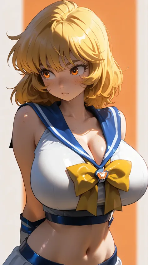 One young asian girl、Sailor suit, bangs、freckles、high school girl、sexy pose, yellow hair, big orange eyes, huge breasts, cleavage, (clean background), arms behind back, shiny skin, (eyes looking off to side), Highly detailed, Amazing work，Vitreous luster, ...