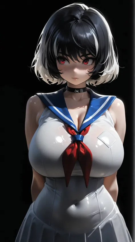 One young asian girl、Sailor suit, bangs、freckles、high school girl、sexy pose, black hair, white highlights, eyes, huge breasts, cleavage, (clean background), arms behind back, shiny skin, (eyes looking off to side), Highly detailed, Amazing work，Vitreous lu...