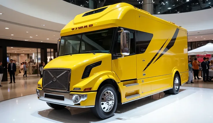 A fornt inside view photo of a modified The new 2025 Hummer H2 motorhome with a sleek, full design.fornt inside view, The car is yellow and has yellow This car Kenworth t-2000 motorhome is displayed on the white grille. The car is parked on a white surface...