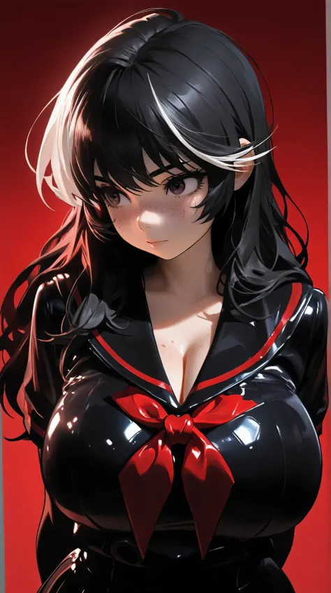 One young asian girl、black and red sailor suit, bangs、freckles、high school girl、sexy pose, black hair, white highlights, eyes, huge breasts, cleavage, (clean background), arms behind back, shiny skin, (eyes looking off to side), Highly detailed, Amazing wo...