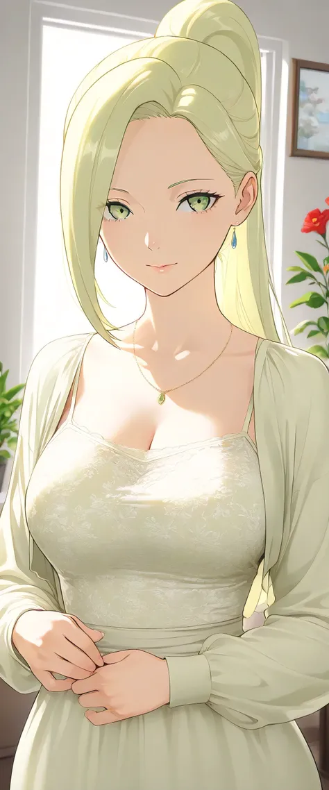 Masterpiece, elegant mature woman, ino yamanaka, long hair, high ponytail long hair, light yellow color hair, light green eye color, tall body, camisole, upper body, dynamic lighting, ultra detailed, highres, absurdres, home,  ino\(boruto\) style, stunning...