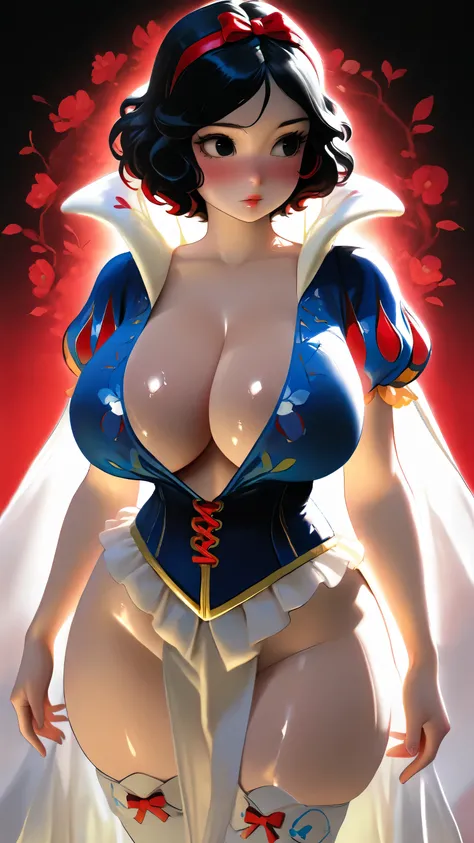 erotic young japanese model, disney princess snow white, with slender curvy figures, 4k, ultra-detailed, vivid colors, dramatic lighting, intricate details, in a realistic illustration style with thin lines and black outlines, long wavy hair, black hair, r...