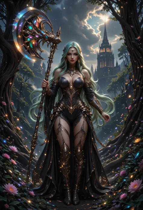 a fantasy art illustration of a  female giant knight armed with a mighty axe standing in a fantasy forest, she is taller than the trees, a wild beautiful, exotic beautiful giant knight, ((anatomically correct: 1.5), (ultra detailed face: 1.2), best detaile...