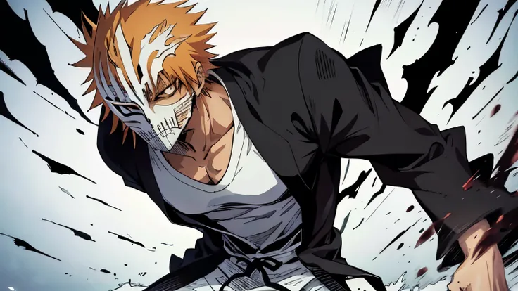 ((best quality)), ((masterpiece)), (detailed), A guy in white shirt , black pants , holding mask near his face, 8k anime, ichigo kurosaki, bleach