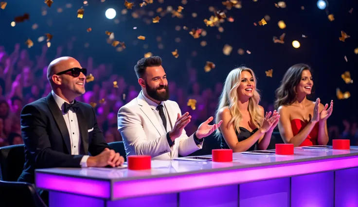 A thrilling talent show moment with two male and two female judges at a glowing purple-lit table. The bald judge in sunglasses slams the red buzzer with excitement, while the bearded male judge claps with a wide smile. The blonde female judge in a white su...