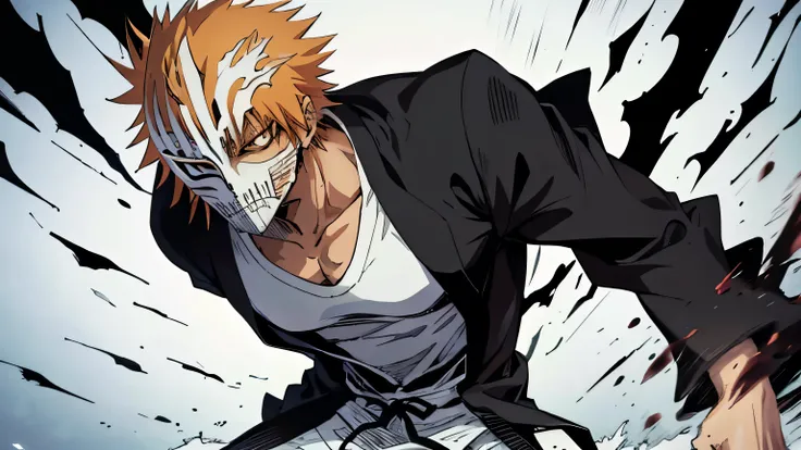 ((best quality)), ((masterpiece)), (detailed), A guy in white shirt , black pants , holding mask near his face, 8k anime, ichigo kurosaki, bleach