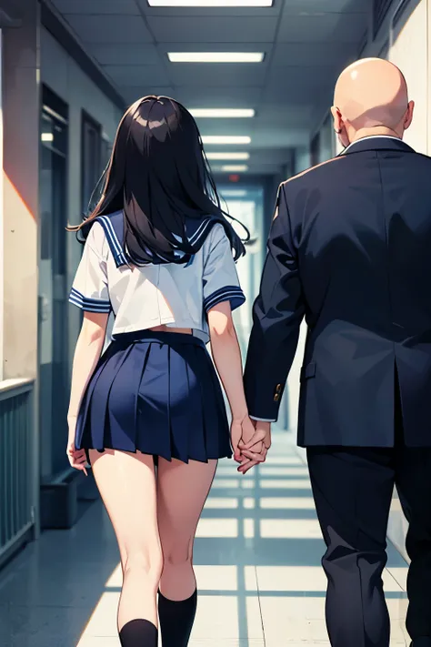  top quality、 black hair long hair sailor suit（ navy blue pleated skirt）A woman wearing、（A bald and fat old man in a suit putting his hands around a woman's waist）、Walking、 back view、School corridor、