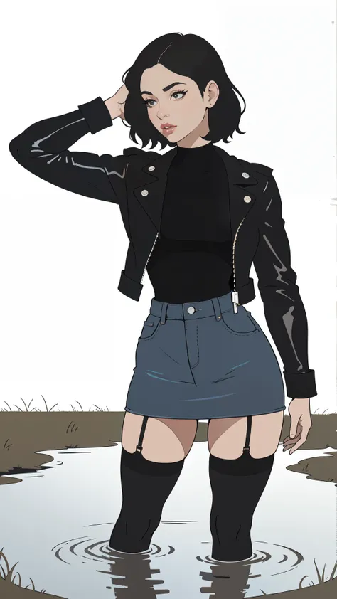 masterpiece, young sissy  ,  simple vector illustration,   standing, denim skirt , black top, black stockings with garters   ,   leather jacket  , drowning in a tiny bog  ,   lips,    white background,   artistic posing 