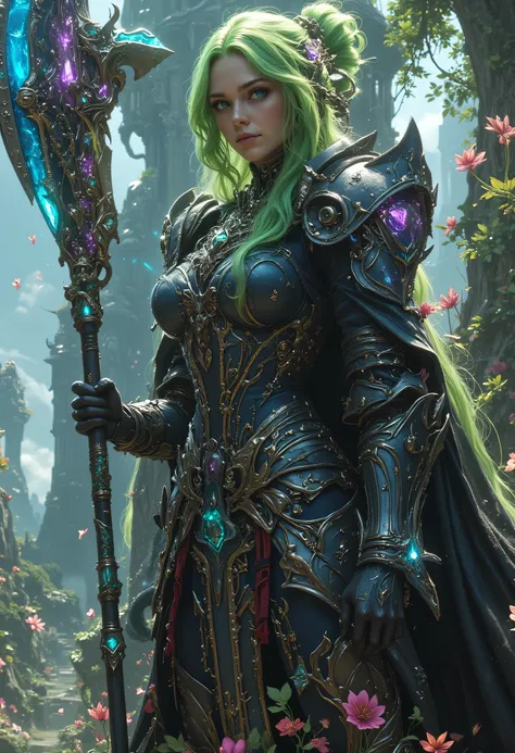 a fantasy art illustration of a female giant knight armed with a mighty axe standing in a fantasy forest, she is taller than the trees, a wild beautiful, exotic beautiful giant knight, ((anatomically correct: 1.5), (ultra detailed face: 1.2), best detaile...