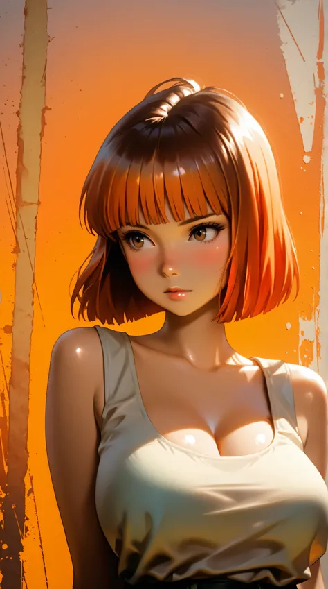 (realistic:1.1),ghibli ,anime ,(en girl ,1girl ),,lip, Laplap,Fiberglass, fluorescent orange gradient background, Rust hair,Blunt bangs hair, Asian ,, (masterpiece,best quality,niji style), shiny skin, (eyes looking off to side), Highly detailed, Amazing w...