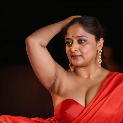 Looks like Anushka Shetty, (solo), middle aged woman, Masterpiece, Best quality, high clarity eyes, beautifully styled hair, curvy, sexy navel folds, feminine curve, motherly figure, critically flawless,sharp picture, Full portrait, High pixels, perfect fa...