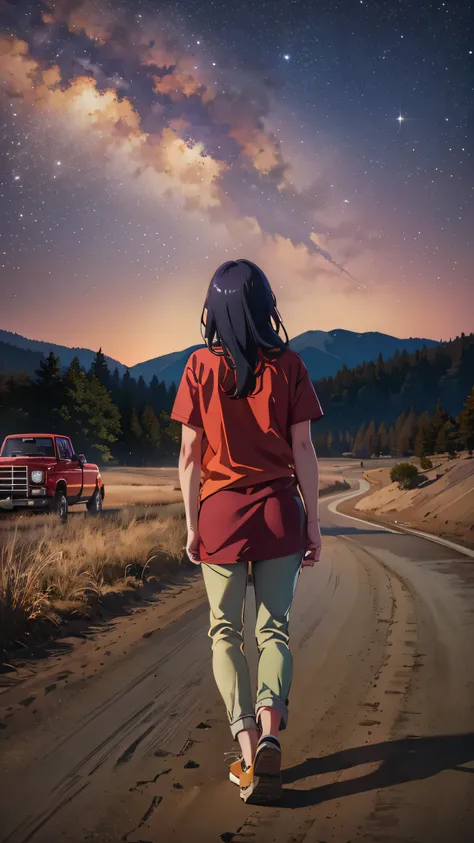  in high-definition images、  night sky with a view of the Milky Way galaxy  ， A beautiful woman is standing beside a red pickup truck wearing a dark blue cotton shirt、  Photos quality、 Outdoor wilderness  ,Face detail Beautiful woman in cotton shirt  , Vie...