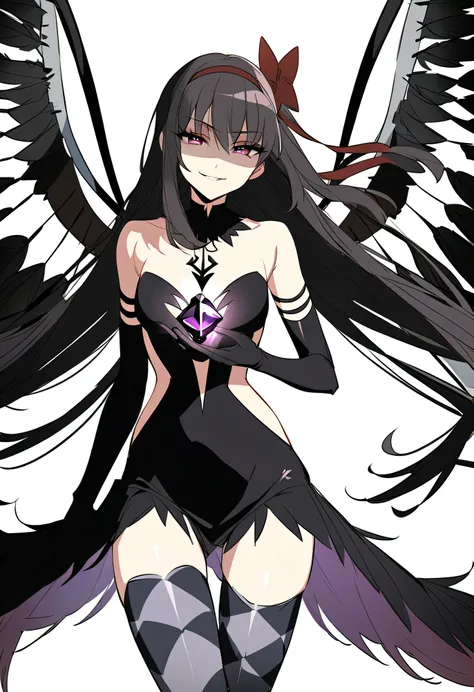 1girl, akuma homura, solo, long hair, wings, gloves, elbow gloves, black hair, smile, purple eyes, thighhighs, black gloves, argyle legwear, argyle, bare shoulders, looking at viewer, dress, soul gem, hair bow, bow, choker, feathered wings, white backgroun...