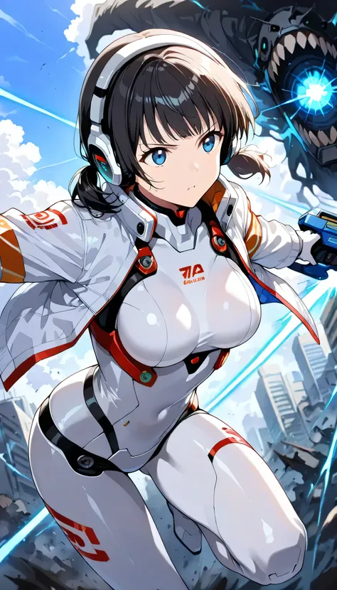 score_9, score_8_up, score_7_up, score_6_up, score_5_up, (masterpiece, best quality), ultra detailed, realistic, lighting, BREAK 1girl,18yo, blue eyes, (white color Insert color red android suit), (white color Insert color red android jacket,open jacket),H...