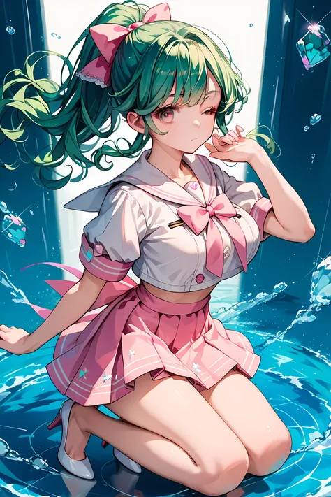 score_9, score_8_up , score_7_up ,source_anime,1cute girl, EMERALD hair,  pattern ,ponytail pink ribbon, expressionless, Large breasts,  cute white sailor suit with pink lines, mini skirt, pink eyes,one eye closed, white high heels,Weather showers