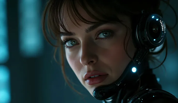 A highly detailed, realistic photo of a sexy woman. Her face is a seamless blend of human beauty. Her eyes are striking that conveys intelligence and mystery. Her expression is confident and serene, emphasizing her humanity despite her cybernetic enhanceme...