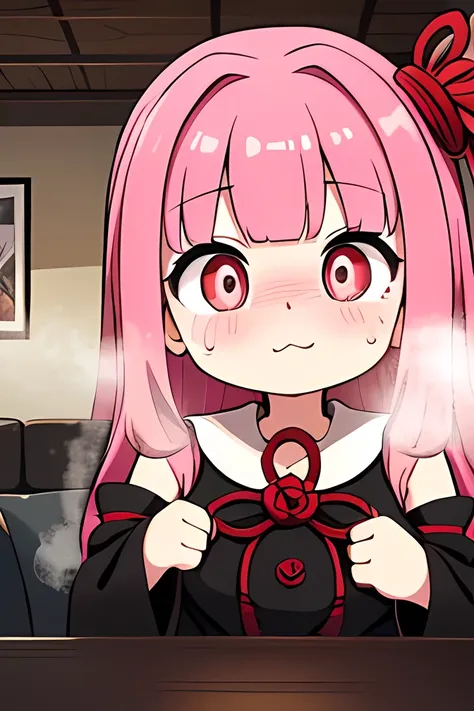 (((puff out your cheeks:1.4))), kotonoha akane,(( is puzzling)),Small eyes,(((Pupils fully open))),round face,(hair ribbon),pink hair,long hair,bangs,((((closed mouth:1.5))),((big breast)),(( chubby)) ,((black dress)), detached sleeves, wide sleeves, bare ...