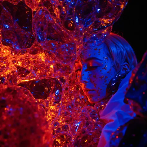 (((photographic, photo, photogenic))), extremely high quality high detail RAW color photo,western Woman in dynamic pose, Brightly painted face, Fluid landscape and morphological fusion, Glowing 3D objects interact with graphics, Ultra-detailed illustratio...